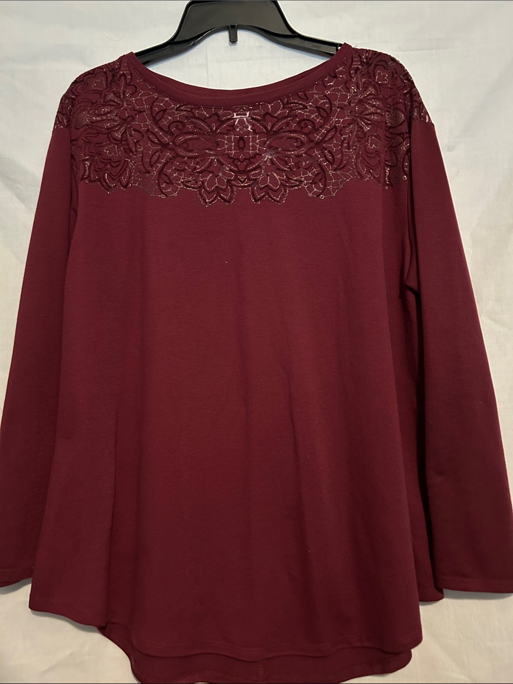Ava & Viv Burgundy Long-Sleeve Top with Lace Yoke